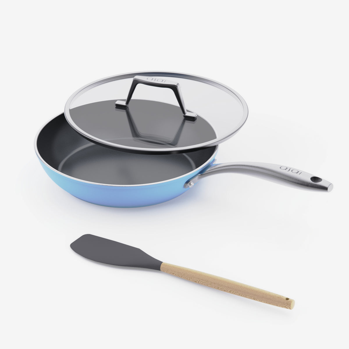 Asai Ceramic Frying Pan in Pacific Blue with lid and silicone spatula