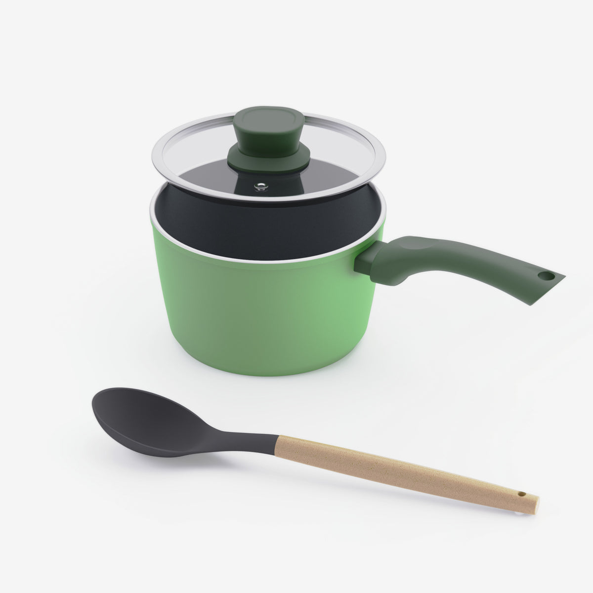 Asai Ceramic Sauce Pan in Basil Green with lid and silicone spoon