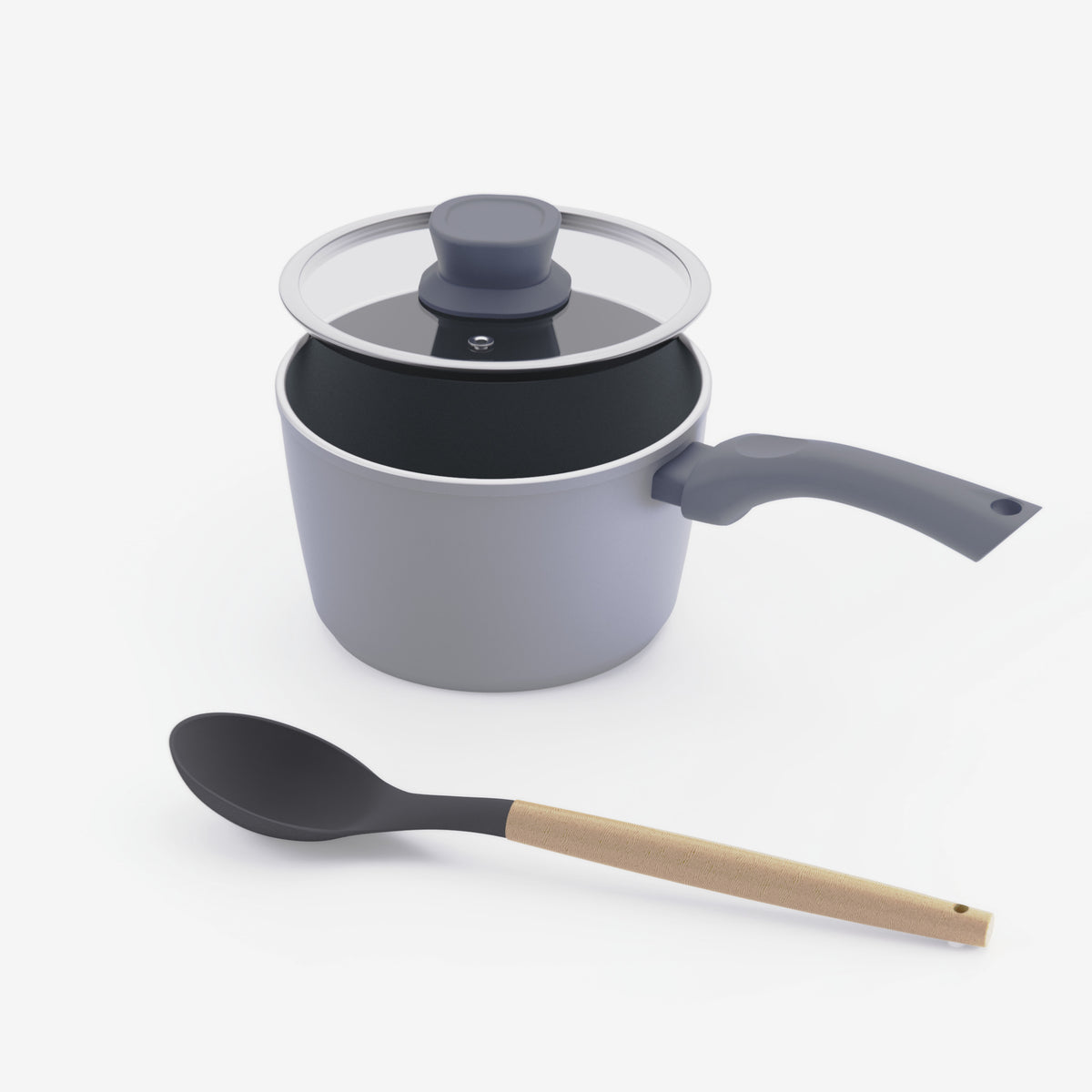 Asai Ceramic Sauce Pan in Clay Grey with lid and silicone spoon
