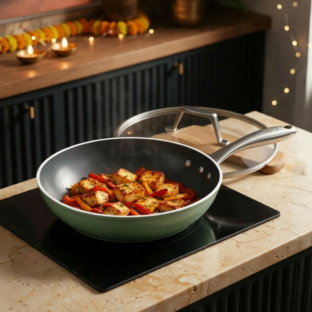 Asai Ceramic Frying Pan 26cm in Basil Green in a Diwali kitchen