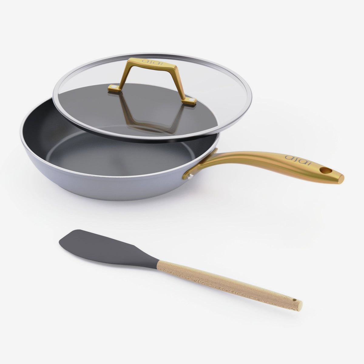 Asai Ceramic Frying Pan 26cm in Clay Grey with gold handle, lid and silicone spatula