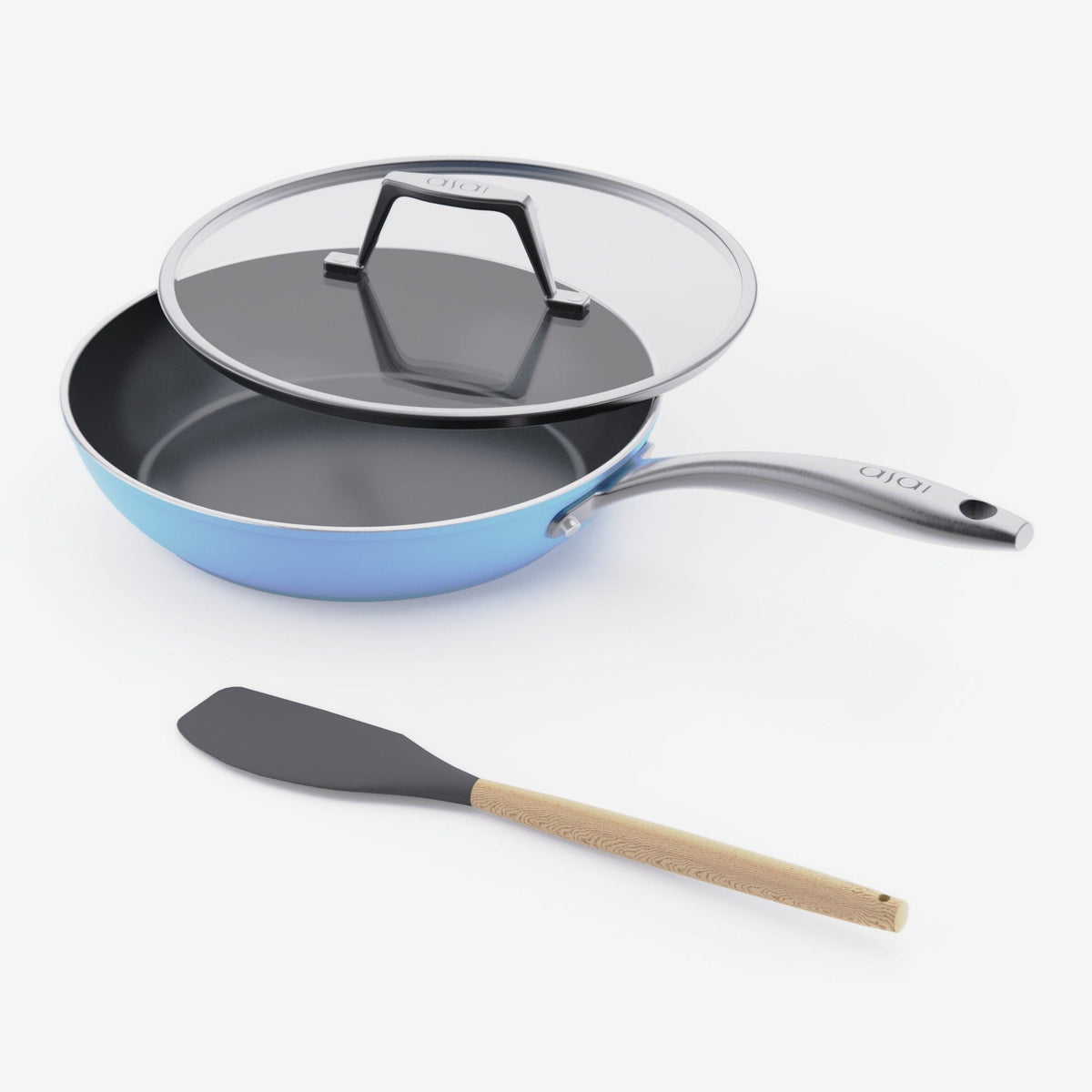 Asai Ceramic Frying Pan 26cm in Pacific Blue with lid and silicone spatula