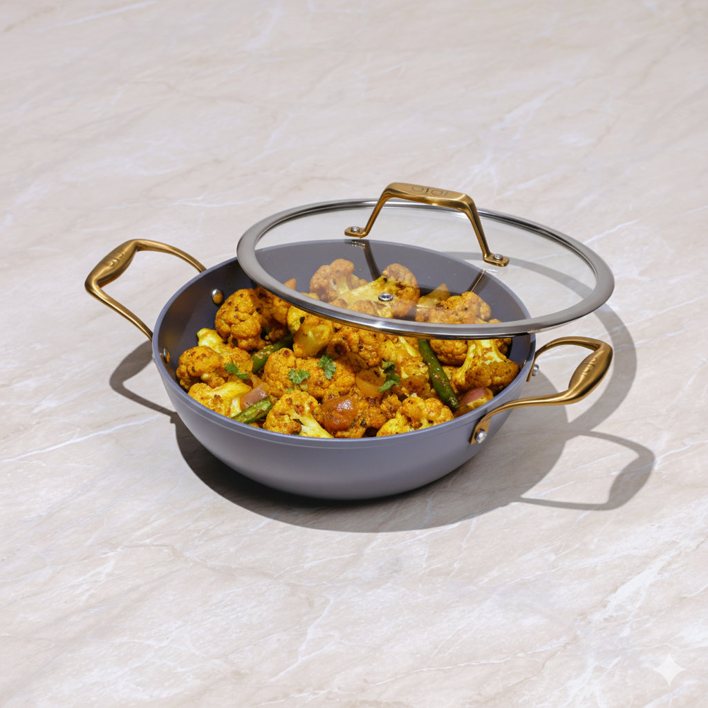 Cook Cauliflower with Curried Color in Ceramic Kadai