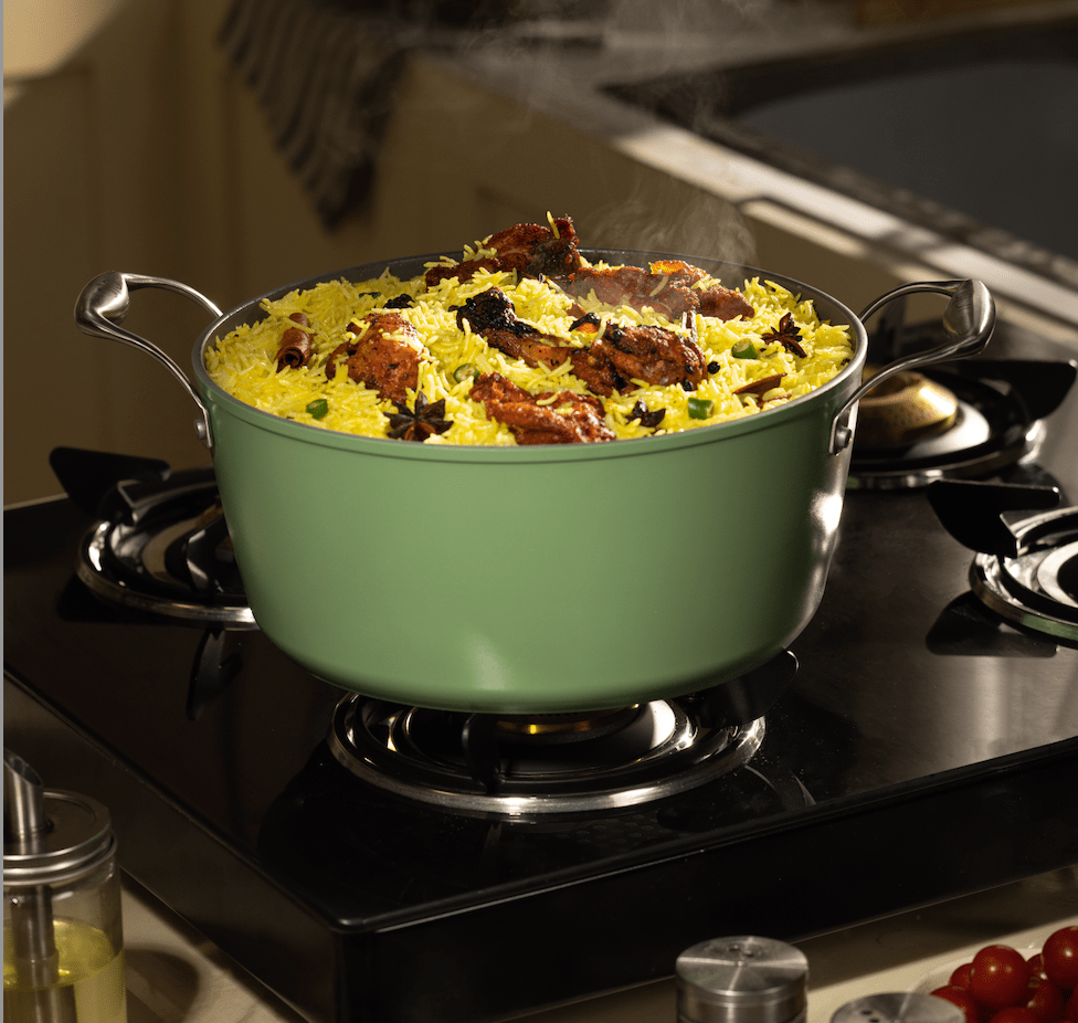 Cooking biryani in a ceramic Dutch oven