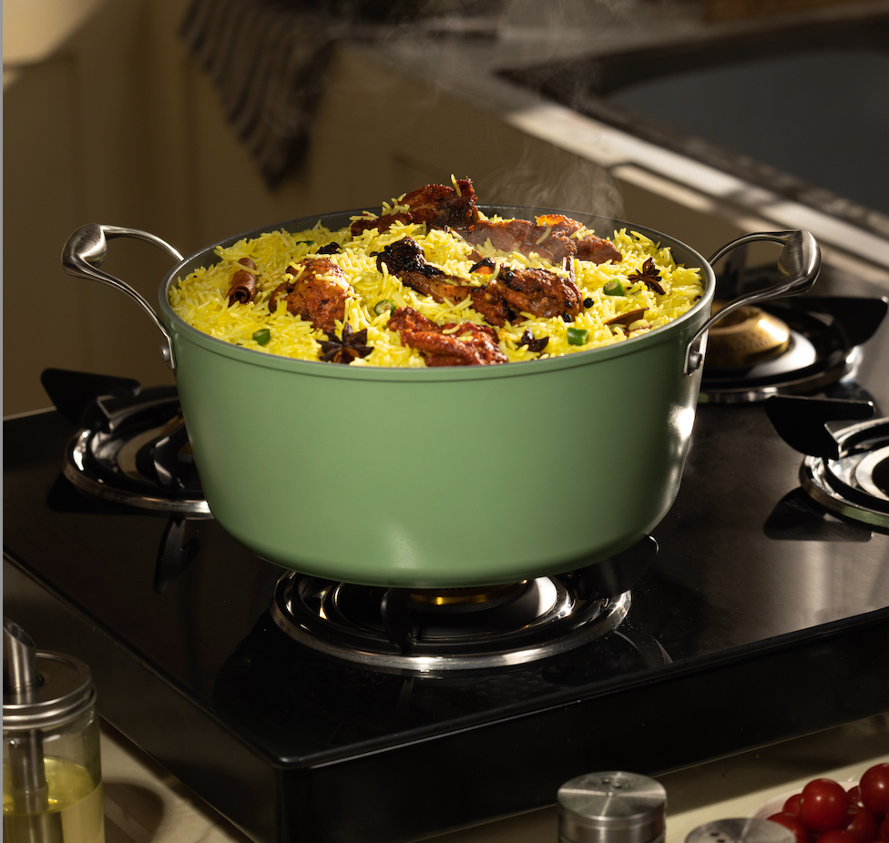 Cooking biryani in a ceramic Dutch oven