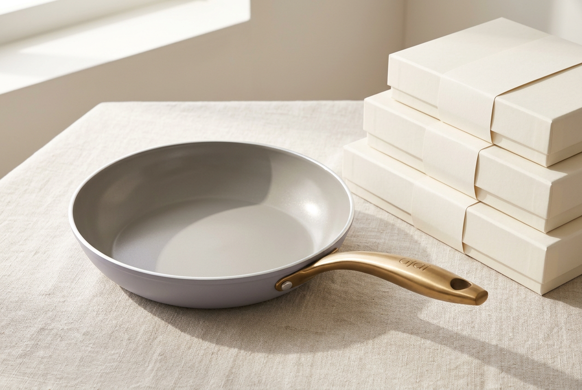 Asai ceramic frying pan beside a stack of cream corporate gift boxes