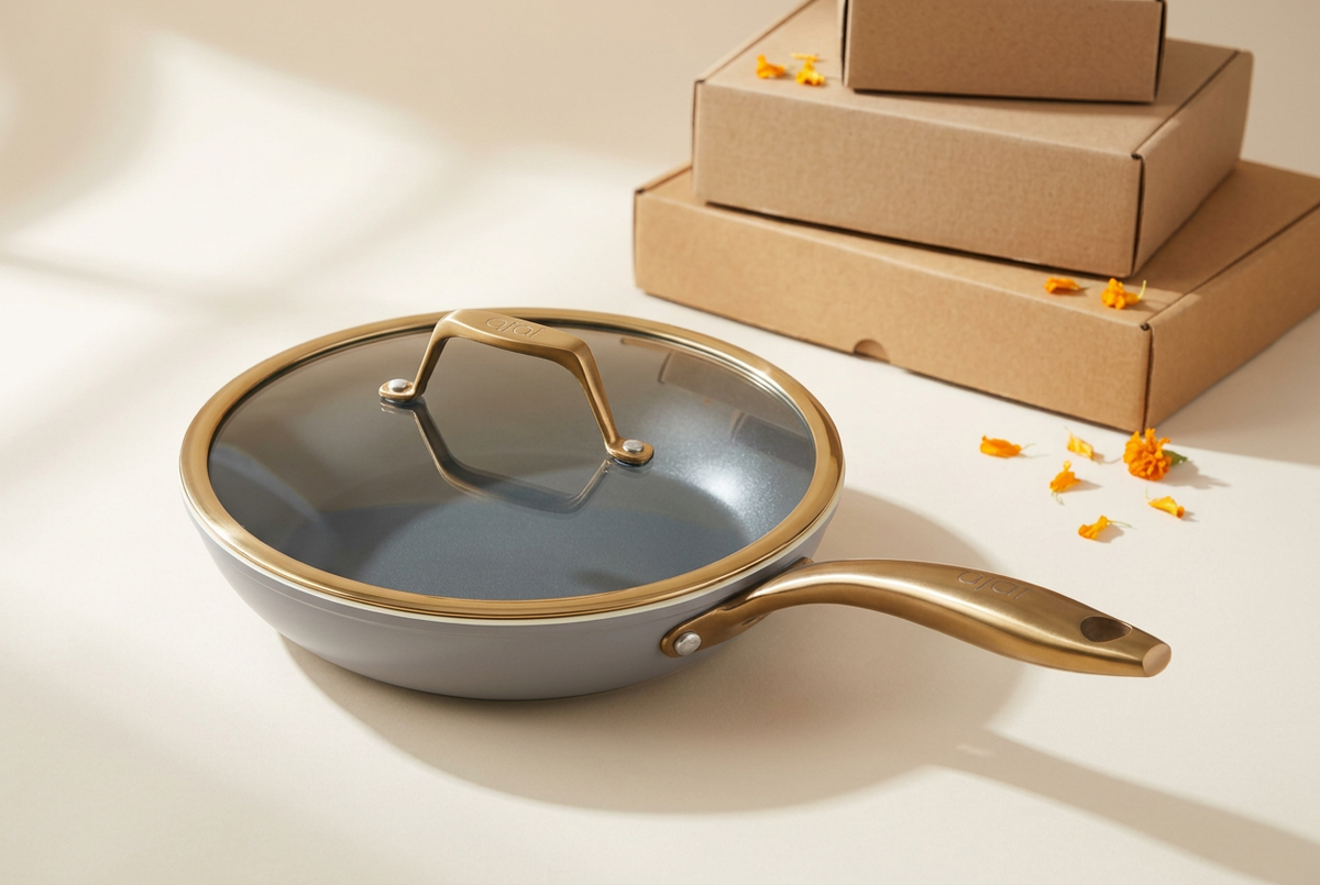 Asai ceramic frying pan beside plain parcel boxes during the Indian festive sale season