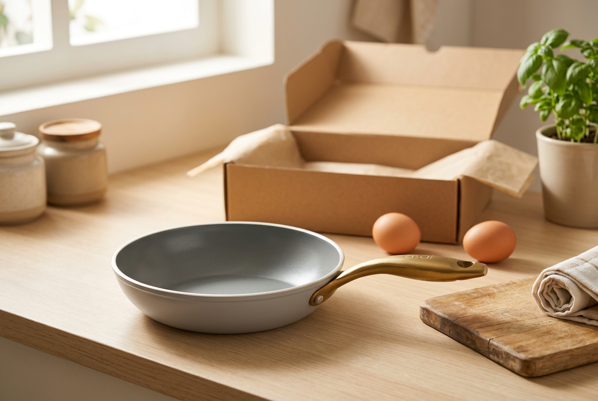 Asai mini ceramic frying pan on a kitchen counter beside an open gift box and eggs