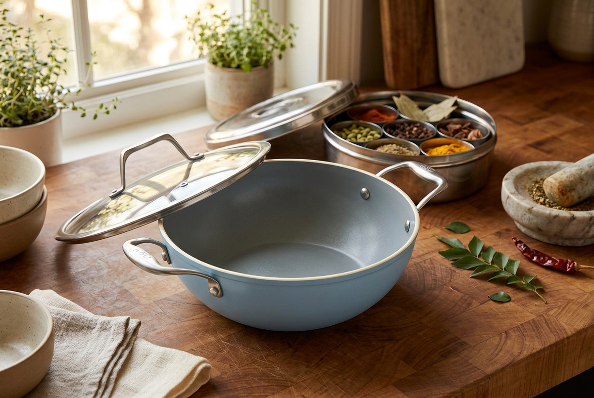 Asai Pacific Blue ceramic kadai on a home kitchen counter beside a steel masala dabba