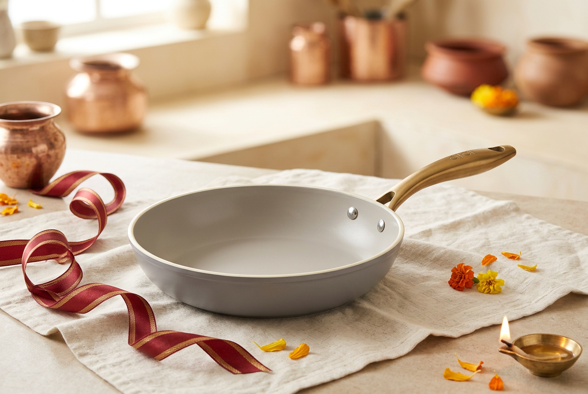 Asai ceramic frying pan on cream linen with a lit brass diya and red and gold ribbon for Karwa Chauth