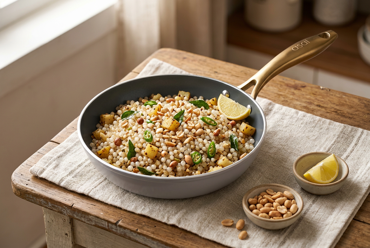 Non-sticky sabudana khichdi with peanuts and curry leaves in an Asai ceramic frying pan