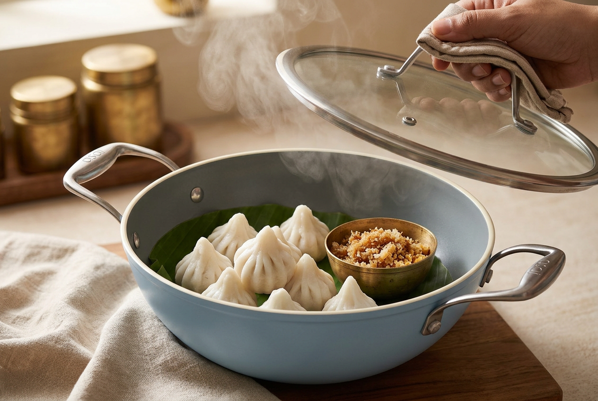 Steamed ukadiche modak on a banana leaf inside an Asai ceramic kadai with the glass lid lifted