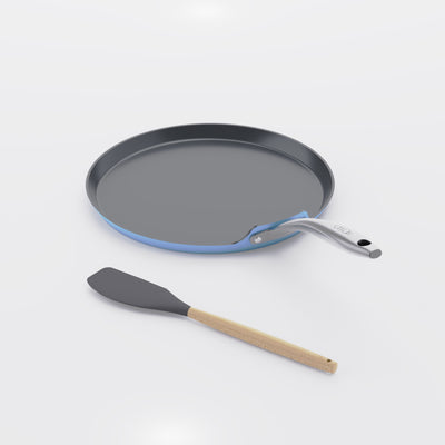 Asai Ceramic Dosa Tawa in Pacific Blue with silicone spatula