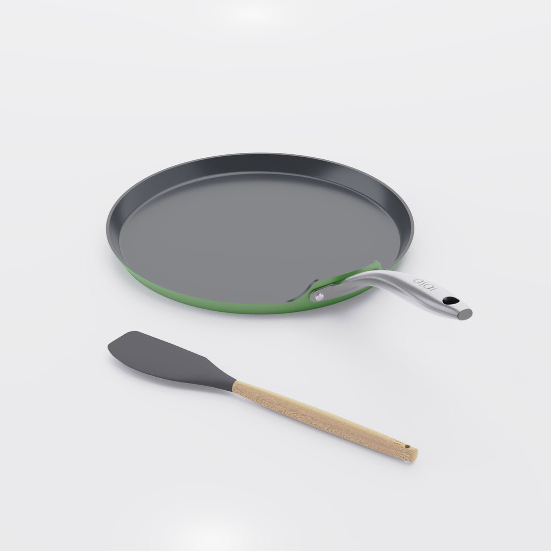Asai Ceramic Dosa Tawa in Basil Green with silicone spatula