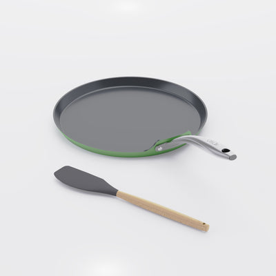 Asai Ceramic Dosa Tawa in Basil Green with silicone spatula