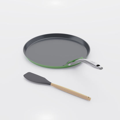 Asai Ceramic Dosa Tawa in Basil Green with silicone spatula