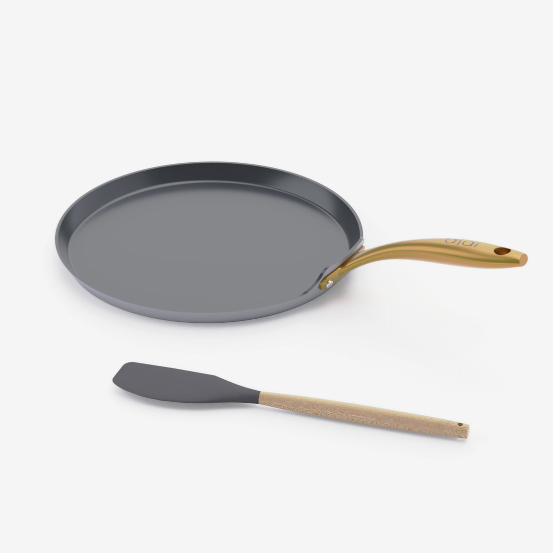 Asai Ceramic Dosa Tawa in Clay Grey with gold handle and silicone spatula