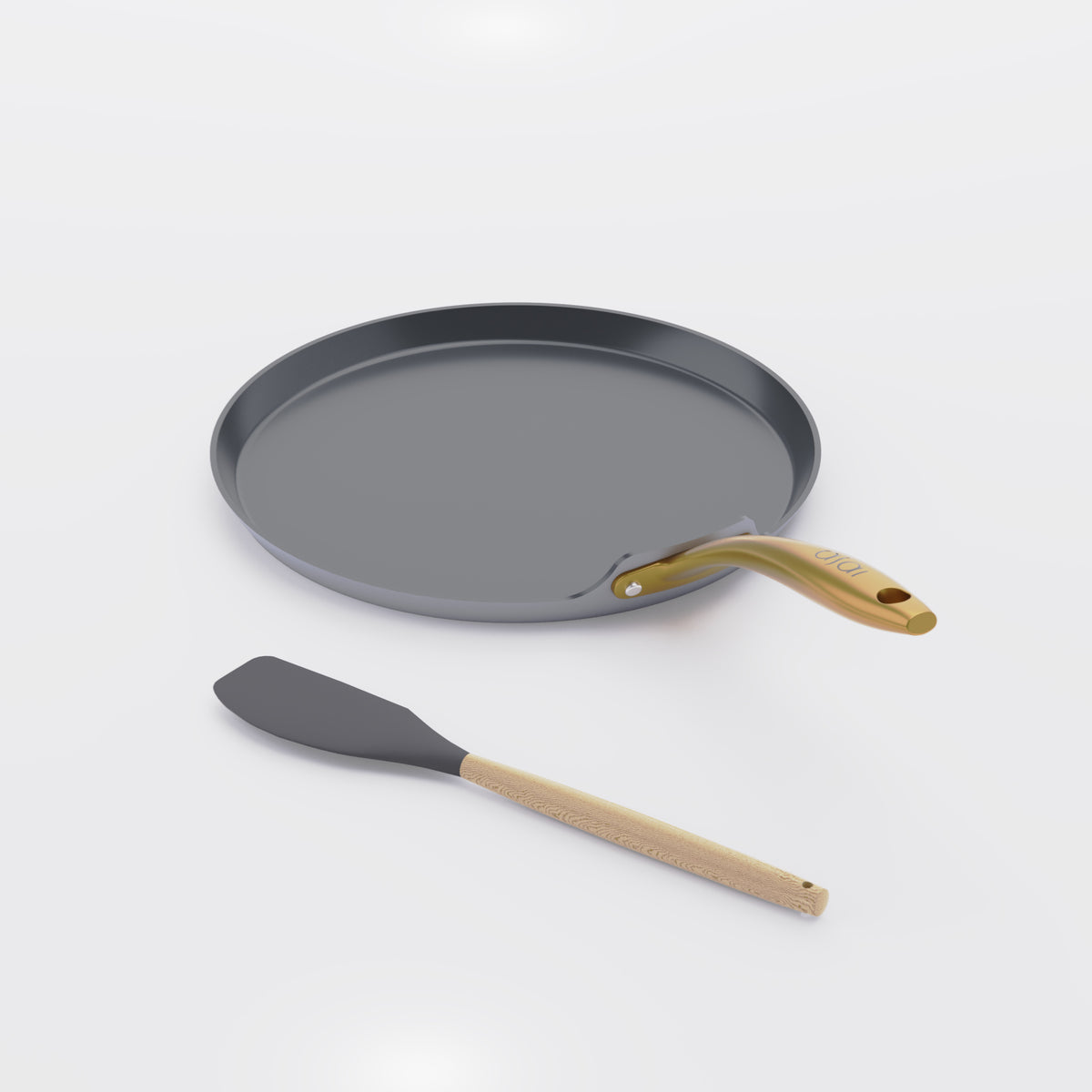 Asai Ceramic Dosa Tawa in Clay Grey with gold handle and silicone spatula