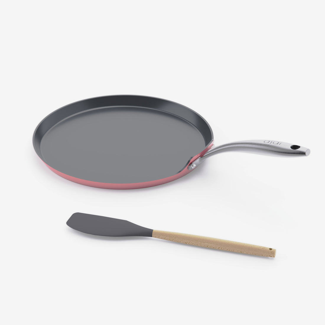 Asai Ceramic Dosa Tawa in Kintsugi Pink with silicone spatula