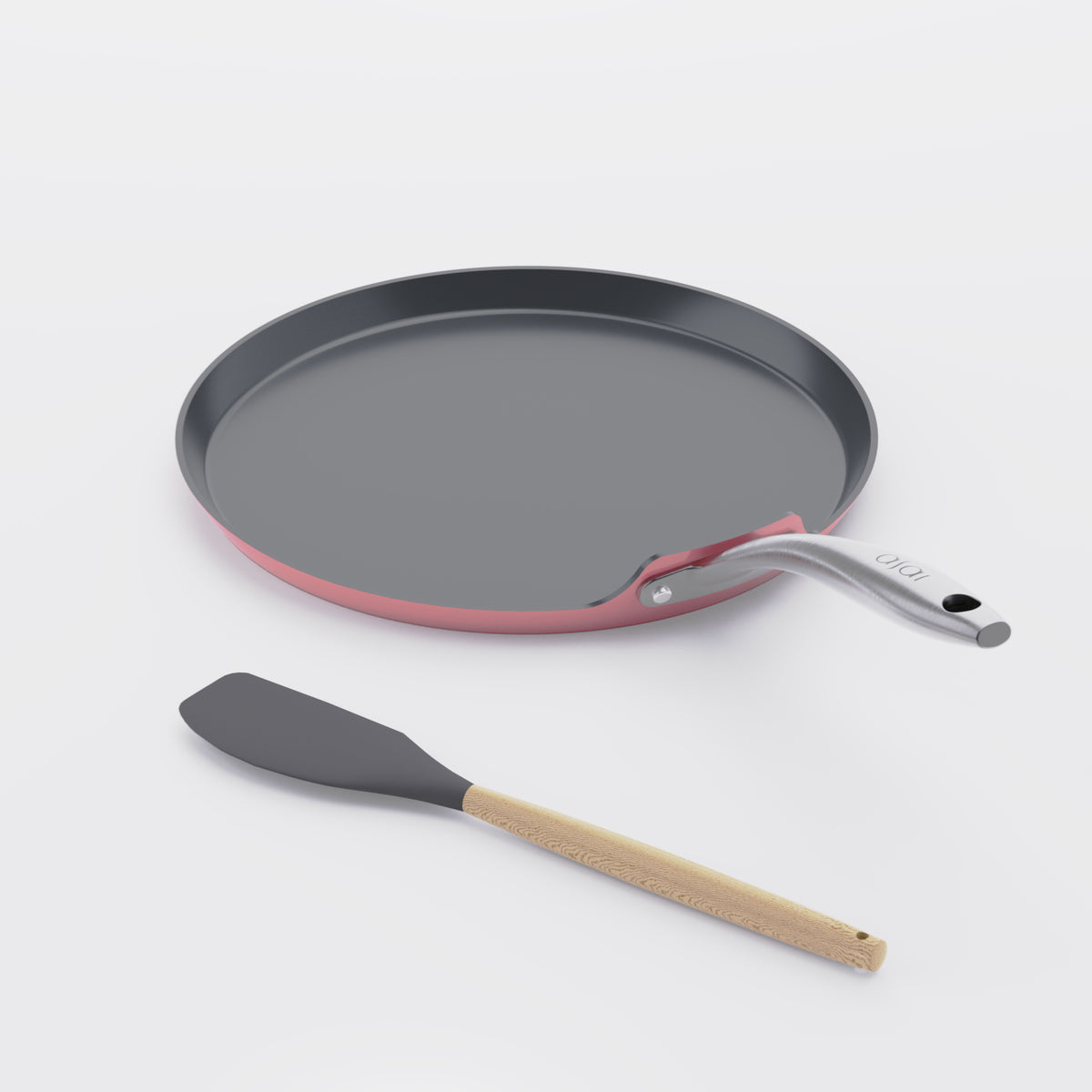Asai Ceramic Dosa Tawa in Kintsugi Pink with silicone spatula