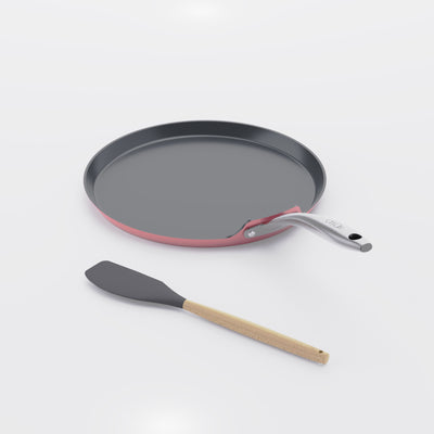 Asai Ceramic Dosa Tawa in Kintsugi Pink with silicone spatula