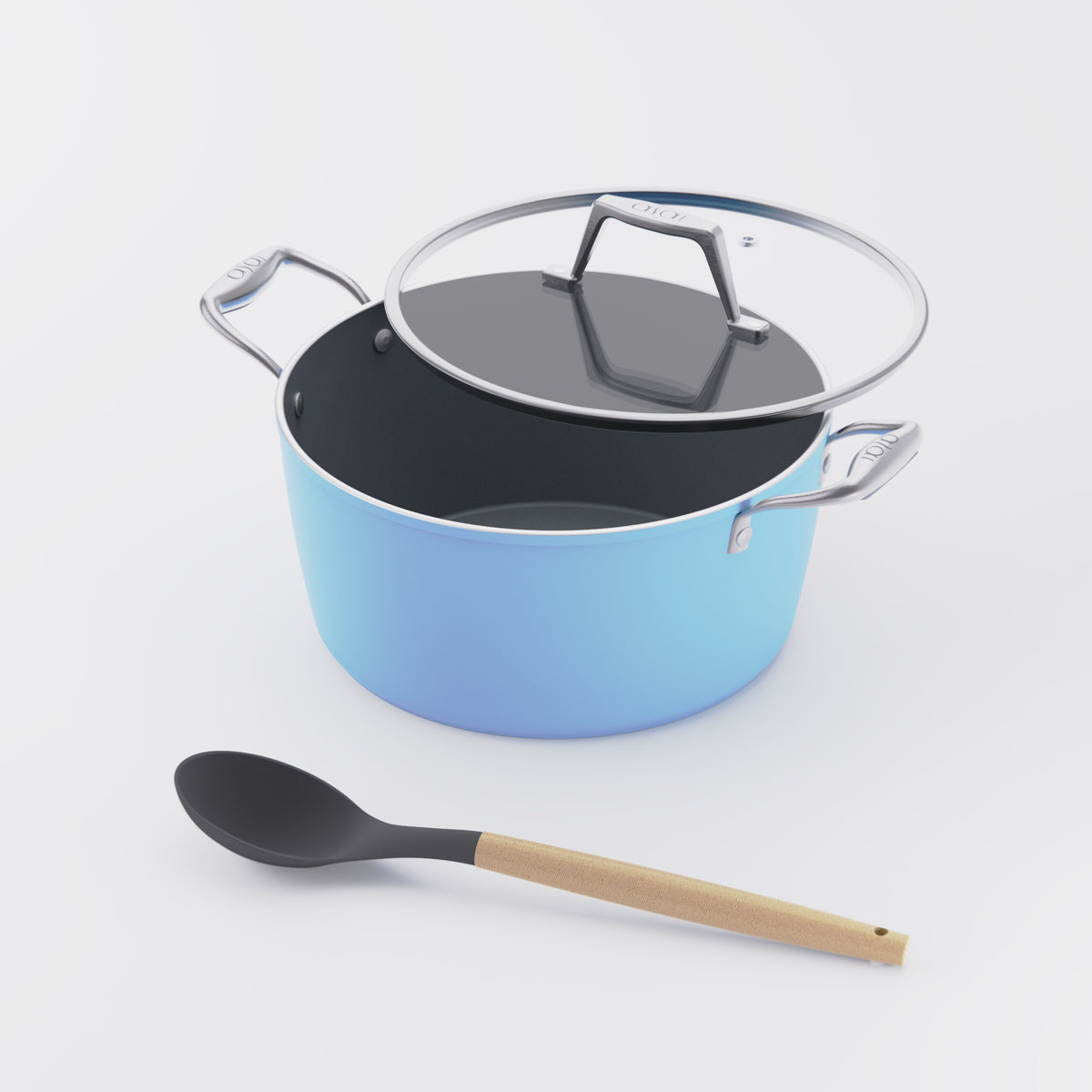 Asai Ceramic Dutch Oven in Pacific Blue with silicone spoon