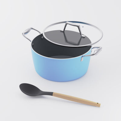 Asai Ceramic Dutch Oven in Pacific Blue with silicone spoon