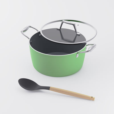 Asai Ceramic Dutch Oven in Basil Green with silicone spoon