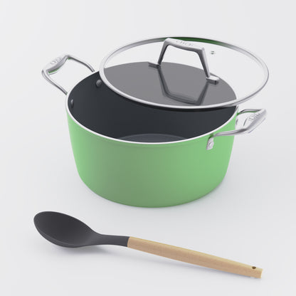 Asai Ceramic Dutch Oven in Basil Green with silicone spoon