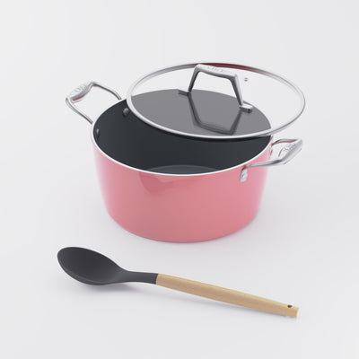 Asai Ceramic Dutch Oven in Kintsugi Pink with silicone spoon