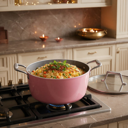 Asai Ceramic Dutch Oven in Kintsugi Pink in a Diwali kitchen