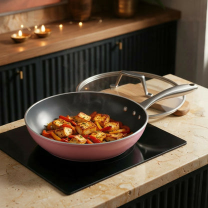 Asai Ceramic Frying Pan in Kintsugi Pink in a Diwali kitchen