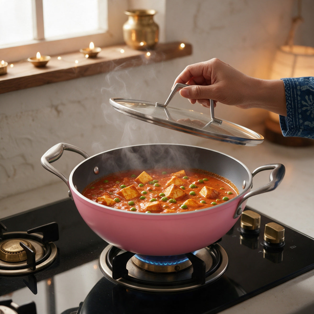 Asai Ceramic Kadai in Kintsugi Pink in a Diwali kitchen