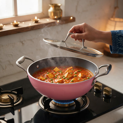 Asai Ceramic Kadai in Kintsugi Pink in a Diwali kitchen