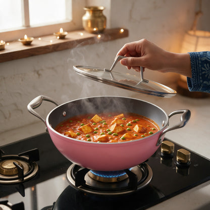 Asai Ceramic Kadai in Kintsugi Pink in a Diwali kitchen