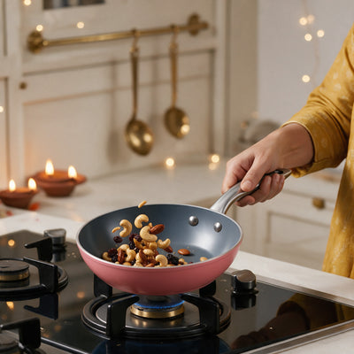Asai Ceramic Mini Frying Pan in Kintsugi Pink in a Diwali kitchen