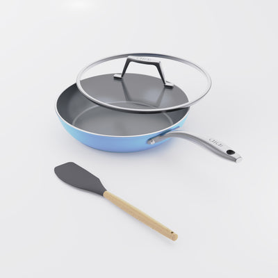 Asai Ceramic Frying Pan in Pacific Blue with lid and silicone spatula