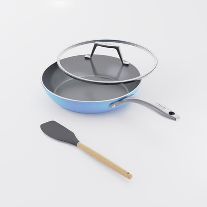 Asai Ceramic Frying Pan in Pacific Blue with lid and silicone spatula