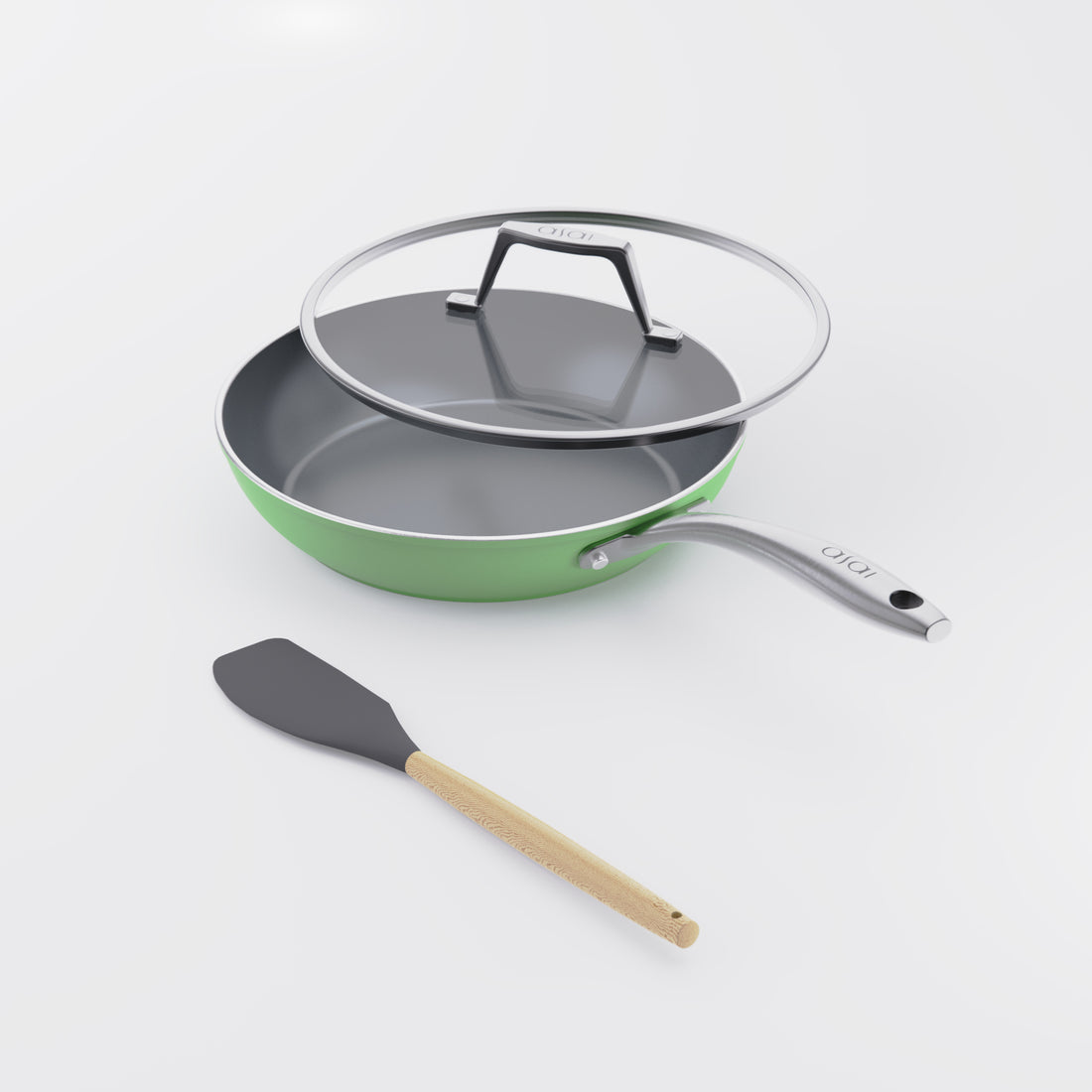 Asai Ceramic Frying Pan in Basil Green with lid and silicone spatula