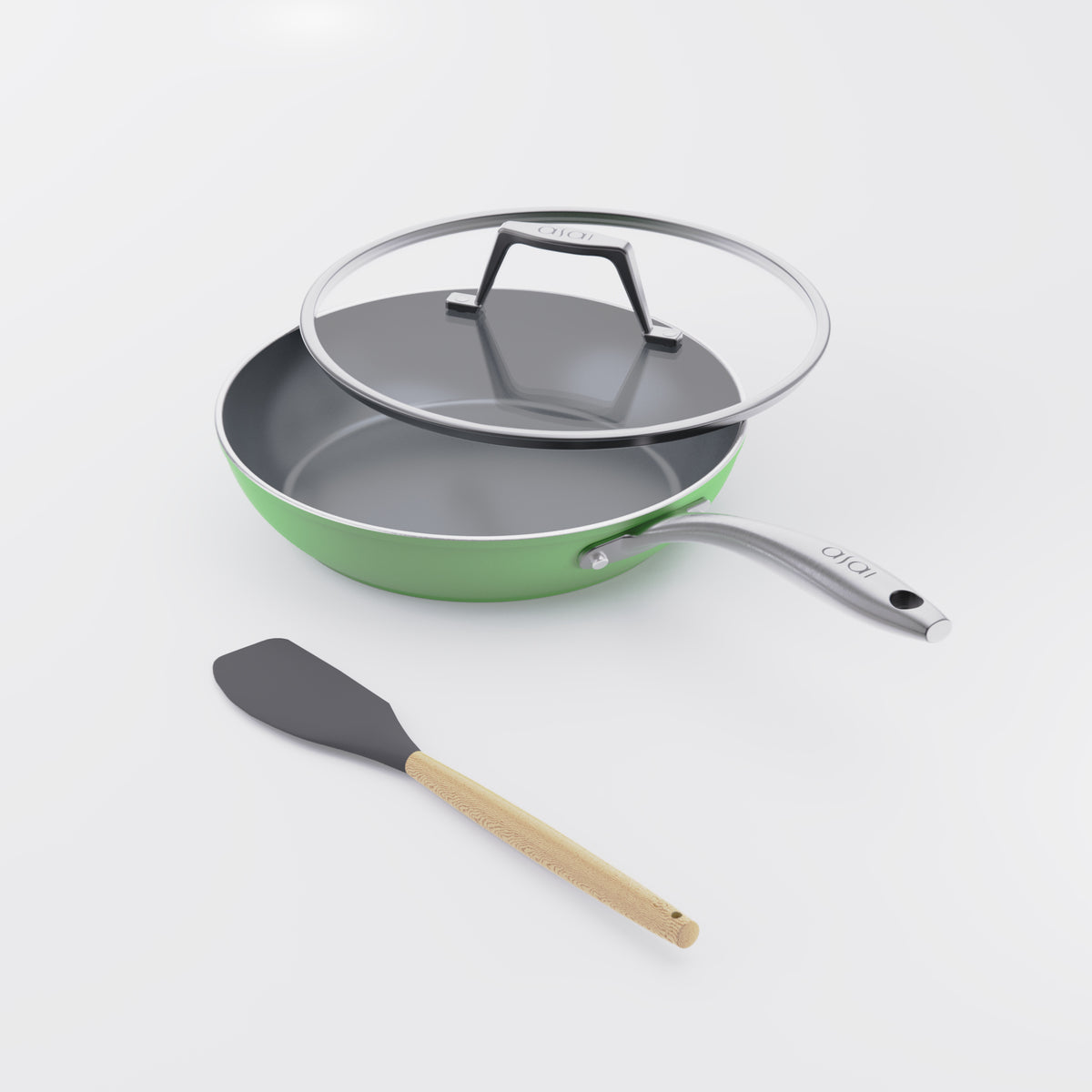 Asai Ceramic Frying Pan in Basil Green with lid and silicone spatula