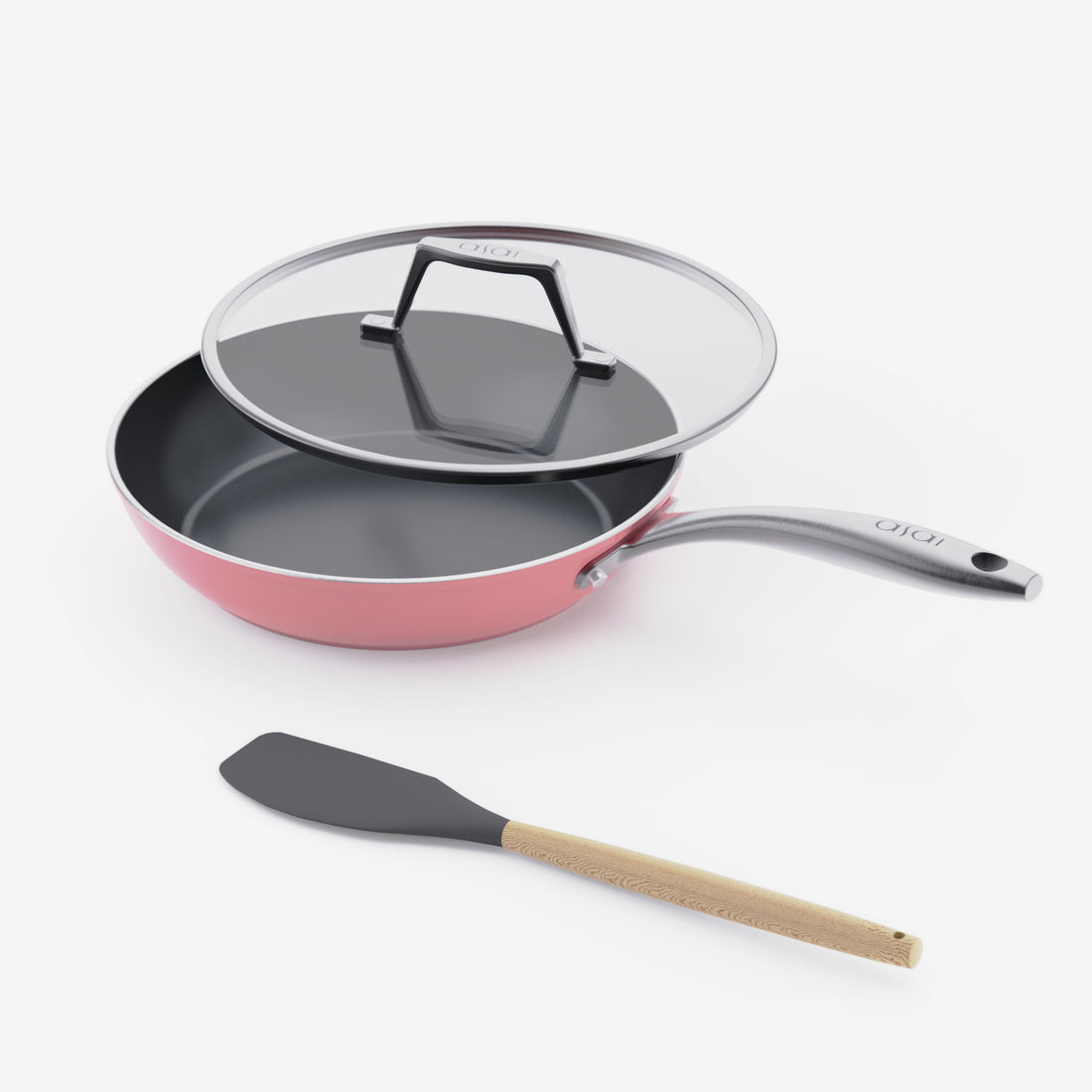 Asai Ceramic Frying Pan in Kintsugi Pink with lid and silicone spatula