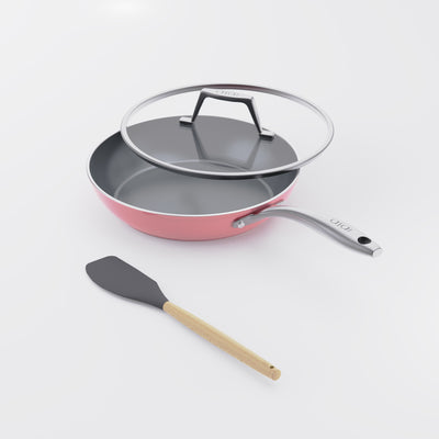 Asai Ceramic Frying Pan in Kintsugi Pink with lid and silicone spatula