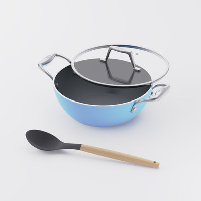 Asai Ceramic Kadai in Pacific Blue with silicone spoon