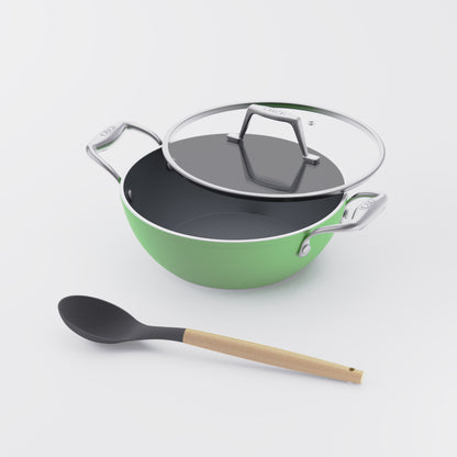 Asai Ceramic Kadai in Basil Green with silicone spoon
