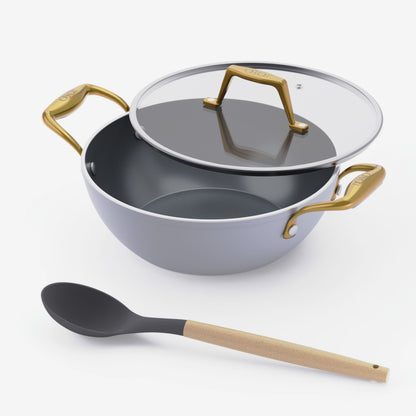 Asai Ceramic Kadai 3.5 Litre in Clay Grey with lid and silicone spoon