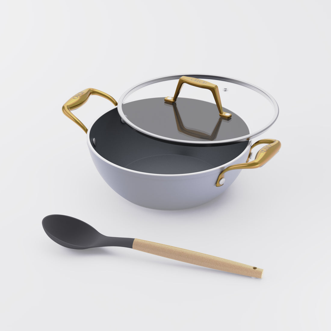 Asai Ceramic Kadai in Clay Grey with gold handles and silicone spoon