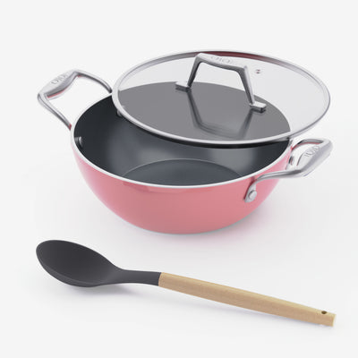 Asai Ceramic Kadai 3.5 Litre in Kintsugi Pink with lid and silicone spoon