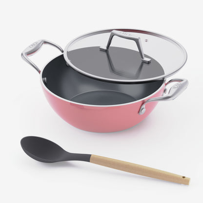 Asai Ceramic Kadai 3.5 Litre in Kintsugi Pink with lid and silicone spoon