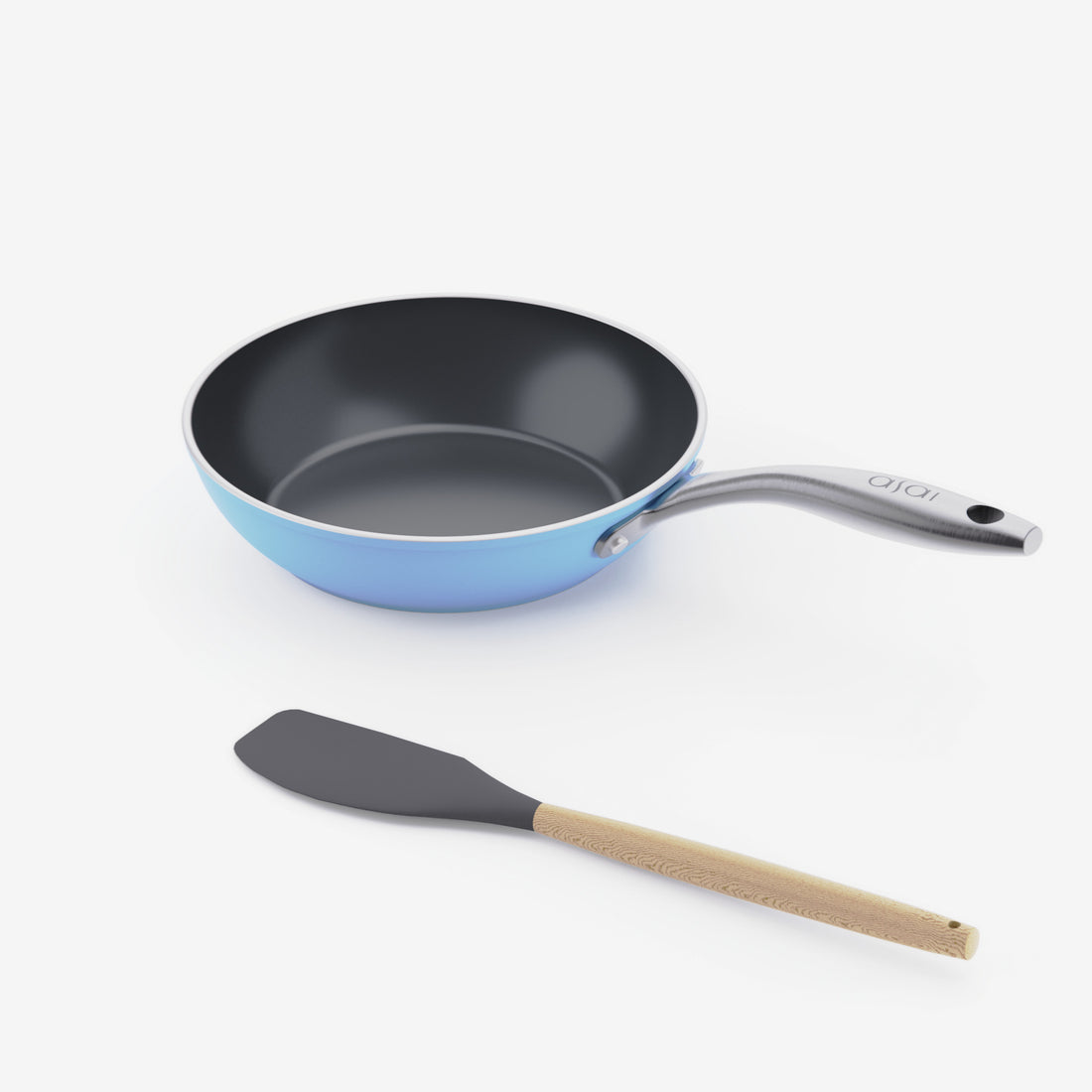 Asai Ceramic Mini Frying Pan in Pacific Blue with silicone spatula