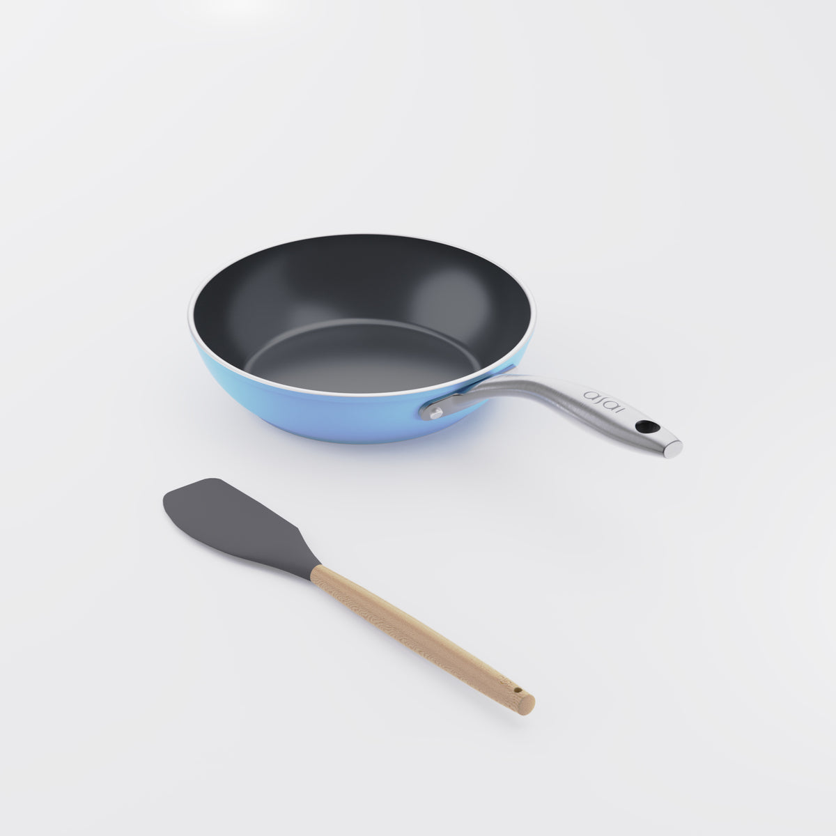 Asai Ceramic Mini Frying Pan in Pacific Blue with silicone spatula